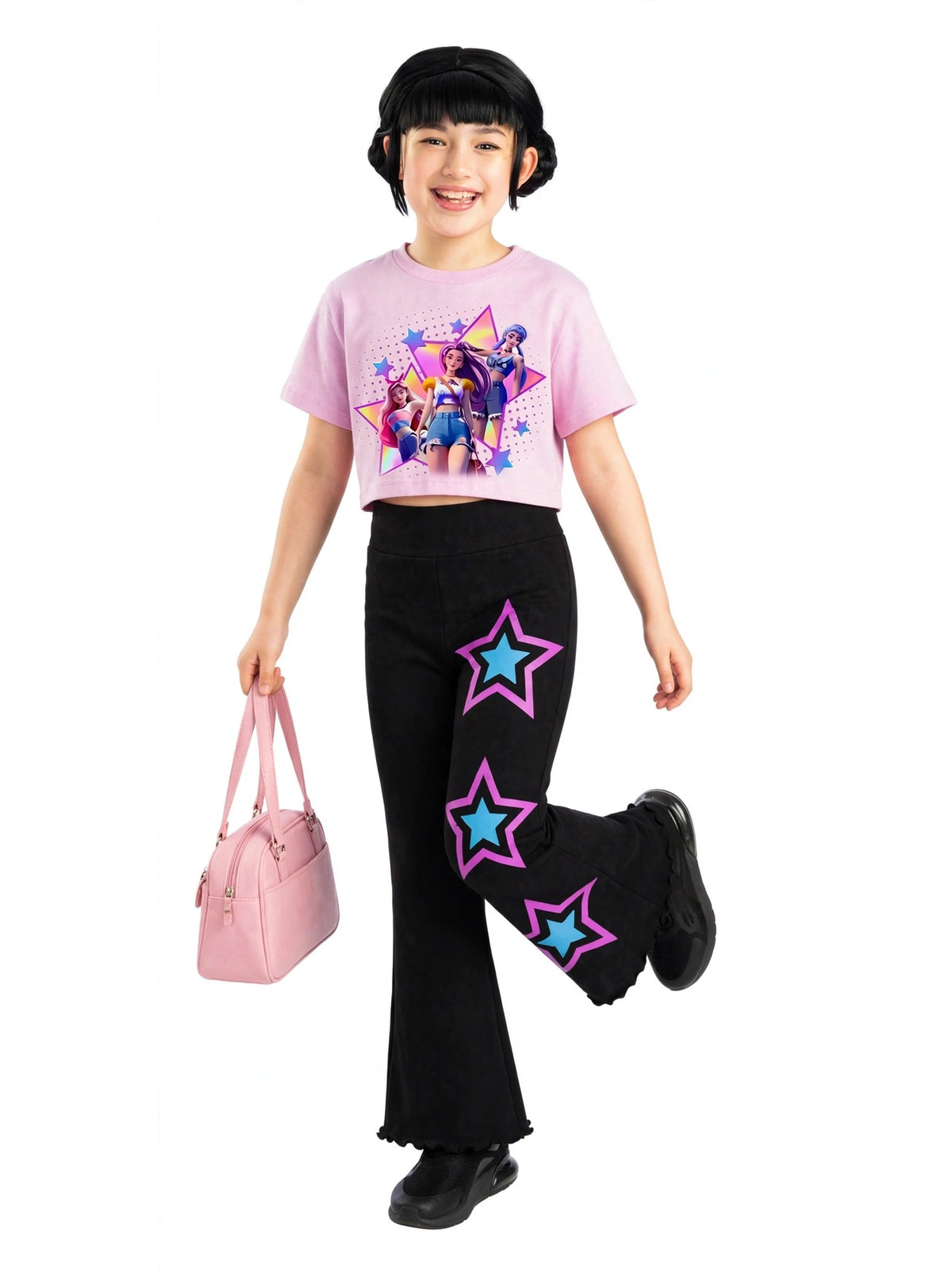 Girls K-pop T-shirt & Flare Pant Set - Pink & Black (4-12yrs)