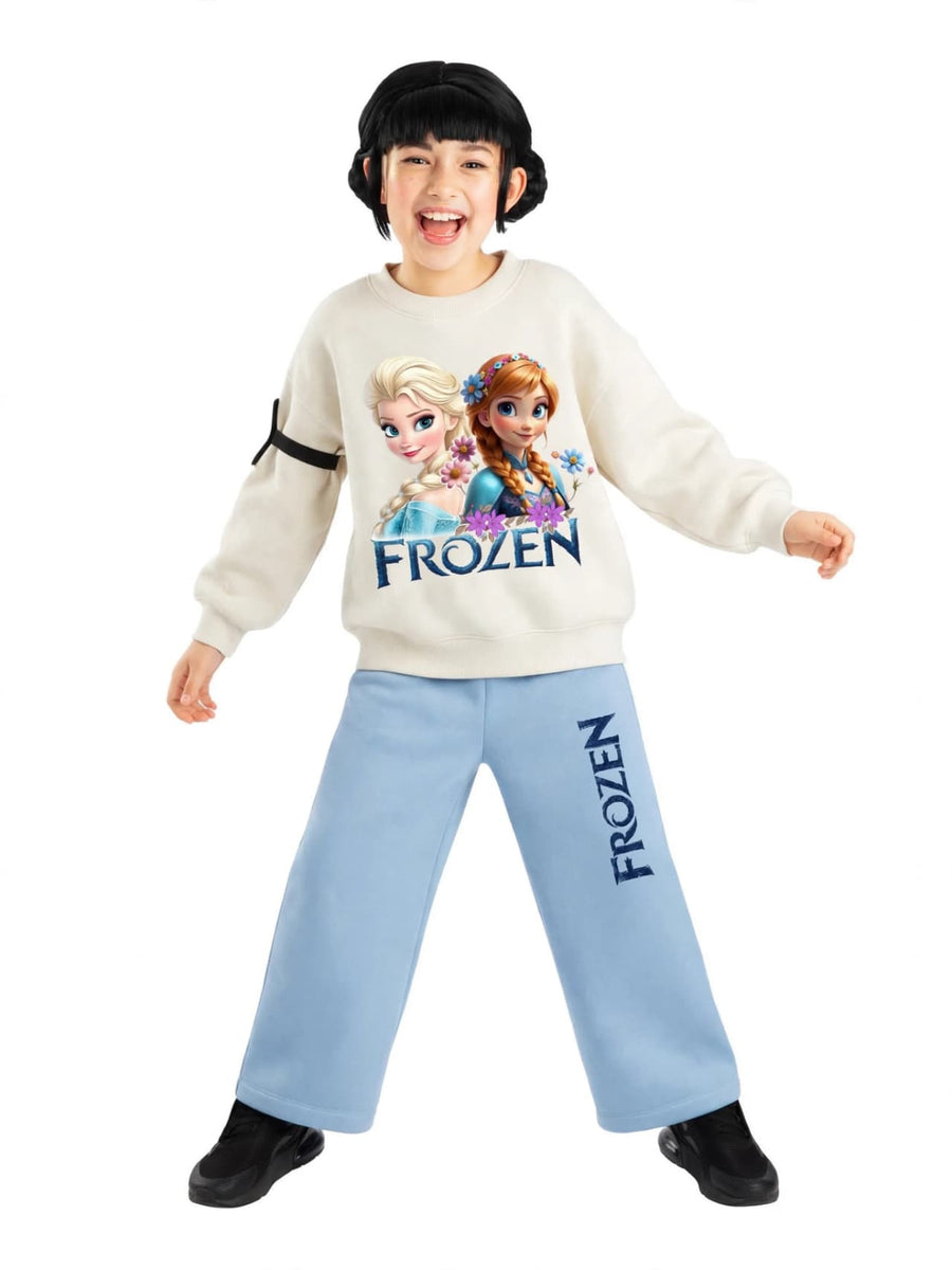 Frozen Elsa & Anna Sweatshirt & Printed Wide-Leg Pants Set - Cream & Sky Blue