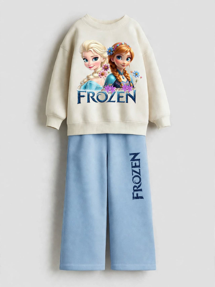 Frozen Elsa and Anna cream sweatshirt with printed sky blue wide-leg pants set for girls