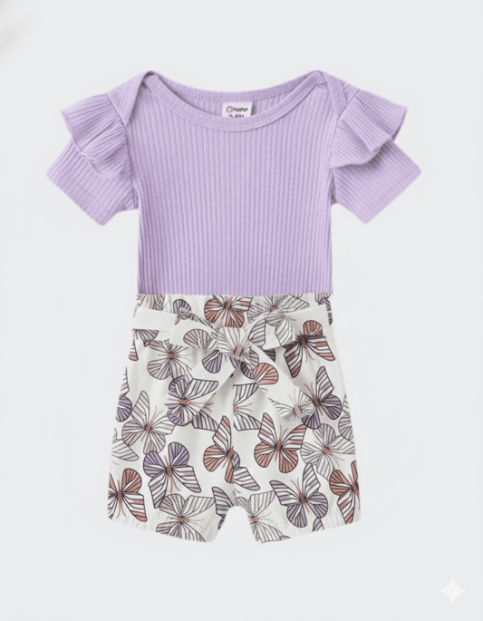 Girl Lavender Flutter Sleeve Top & Butterfly Print Bow Romper Set