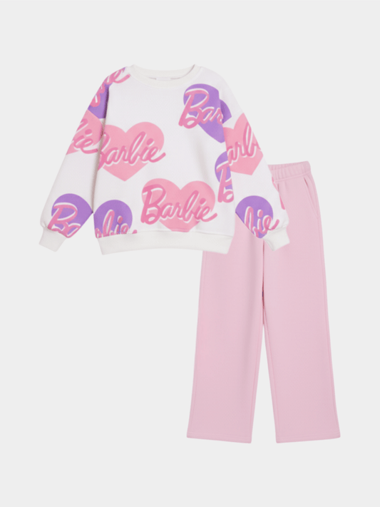 Girls' Barbie Logo Heart Print Sweatshirt & Pink Trousers 2 - Piece Set