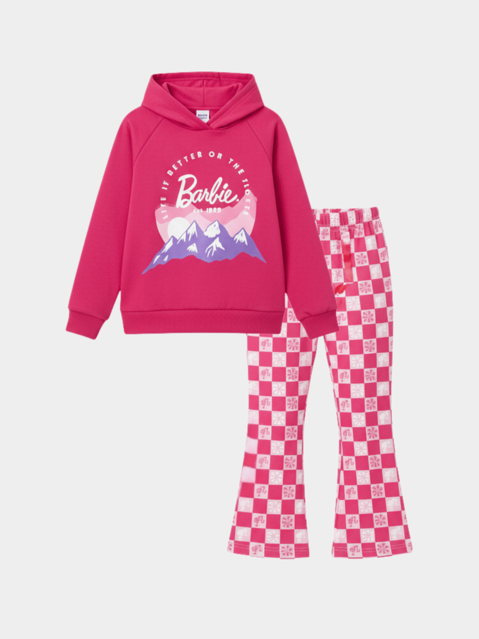 Girls' Barbie Pink Mountain Graphic Hoodie & Checkered Flare Trousers Set