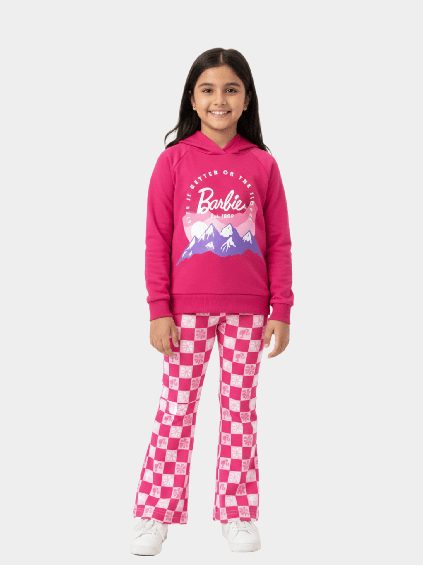 Girls' Barbie Pink Mountain Graphic Hoodie & Checkered Flare Trousers Set