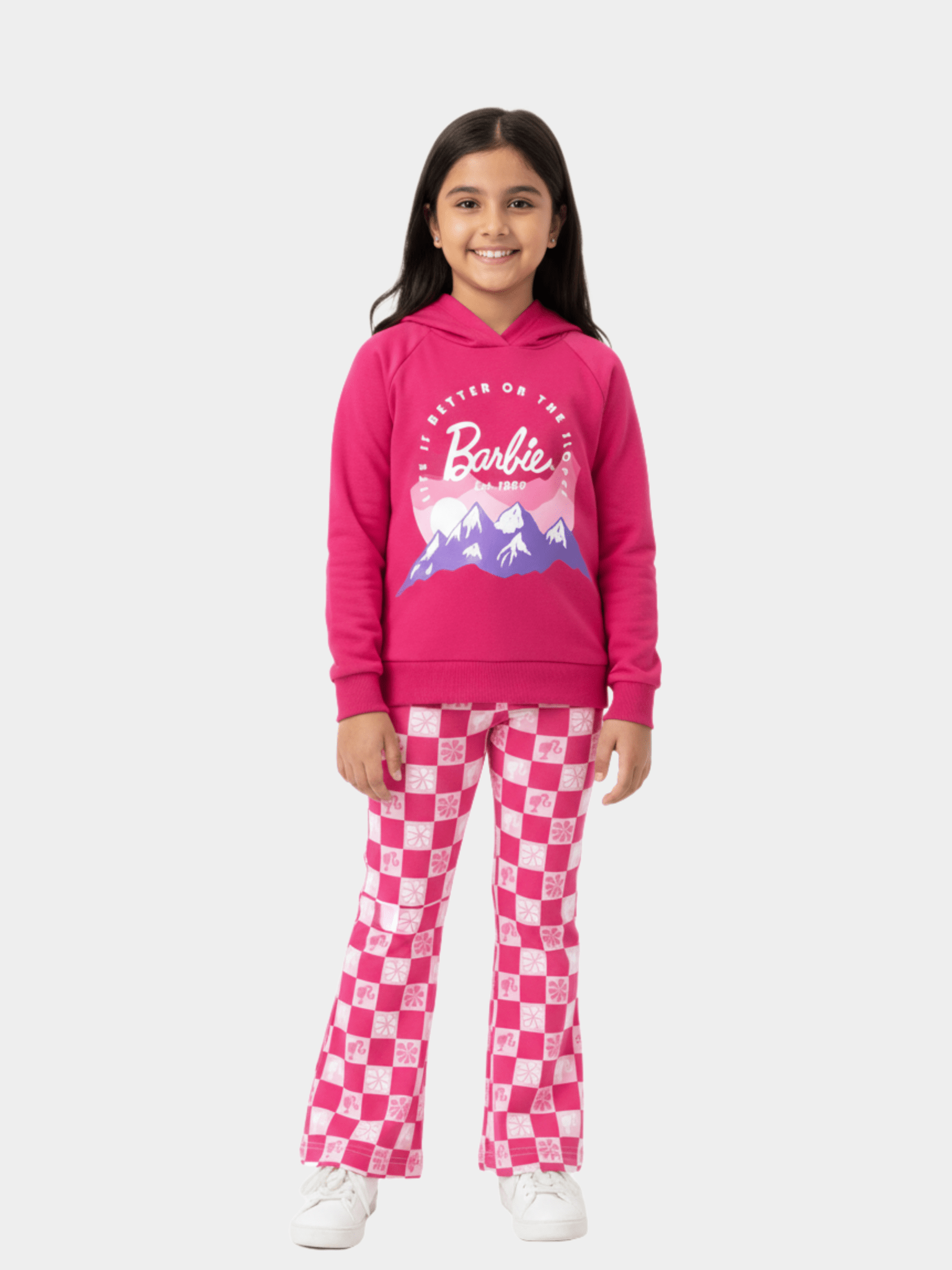 Girls' Barbie Pink Mountain Graphic Hoodie & Checkered Flare Trousers Set