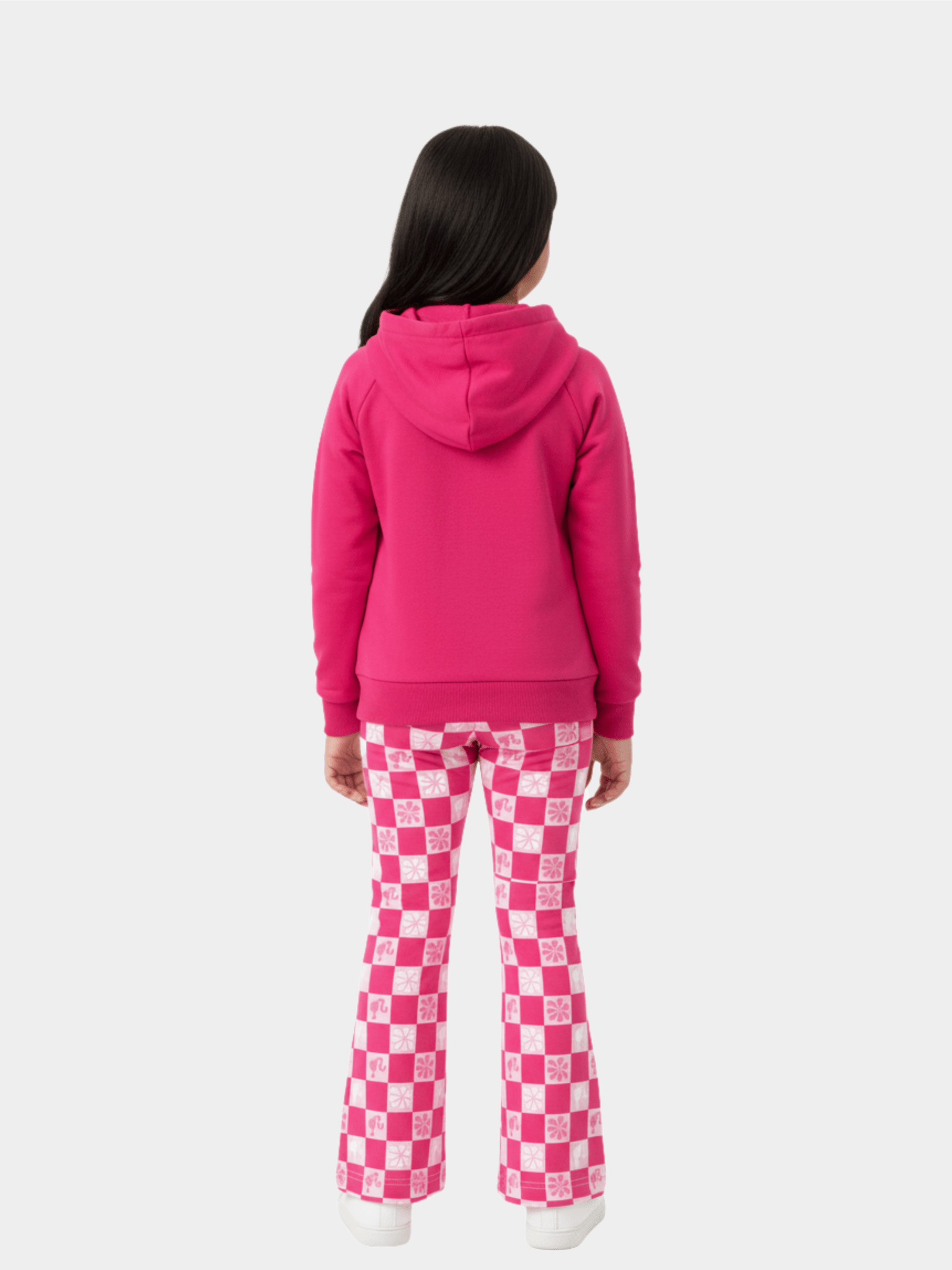 Girls' Barbie Pink Mountain Graphic Hoodie & Checkered Flare Trousers Set