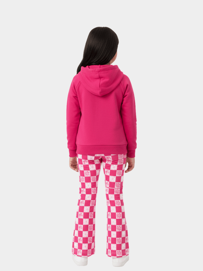 Girls' Barbie Pink Mountain Graphic Hoodie & Checkered Flare Trousers Set