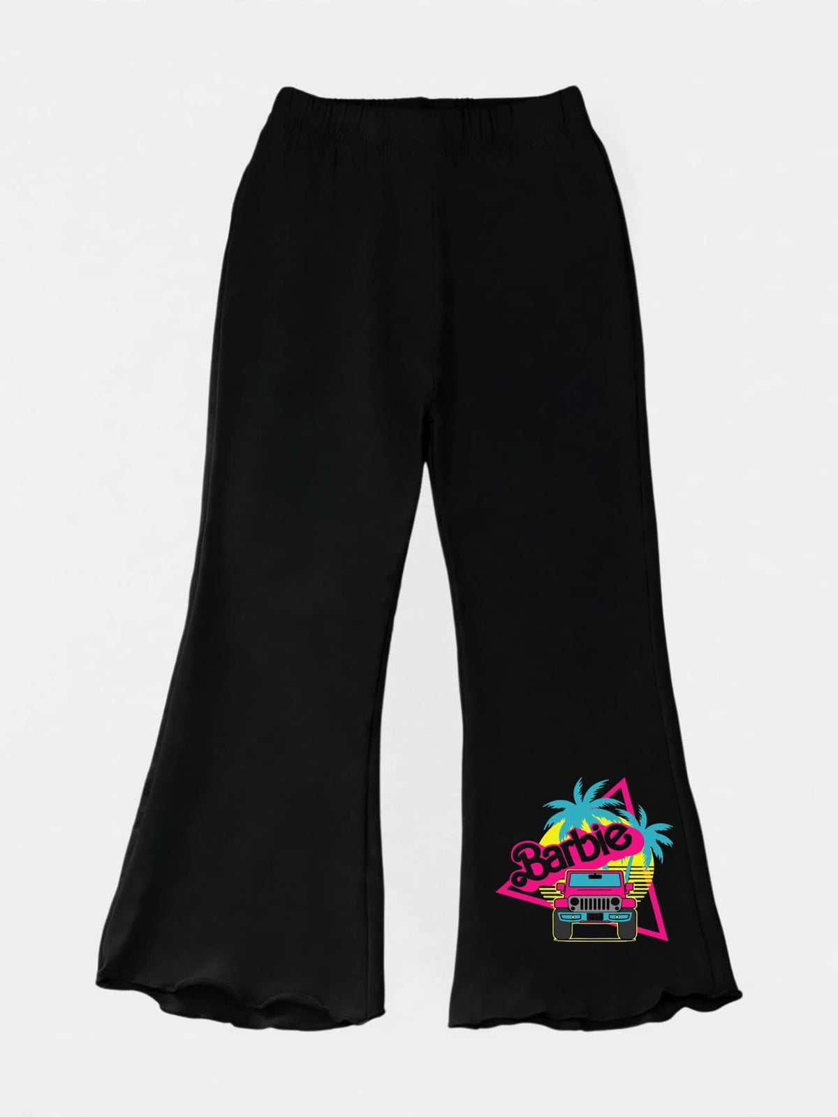 Girls black flare pants with retro Barbie print and lettuce hem