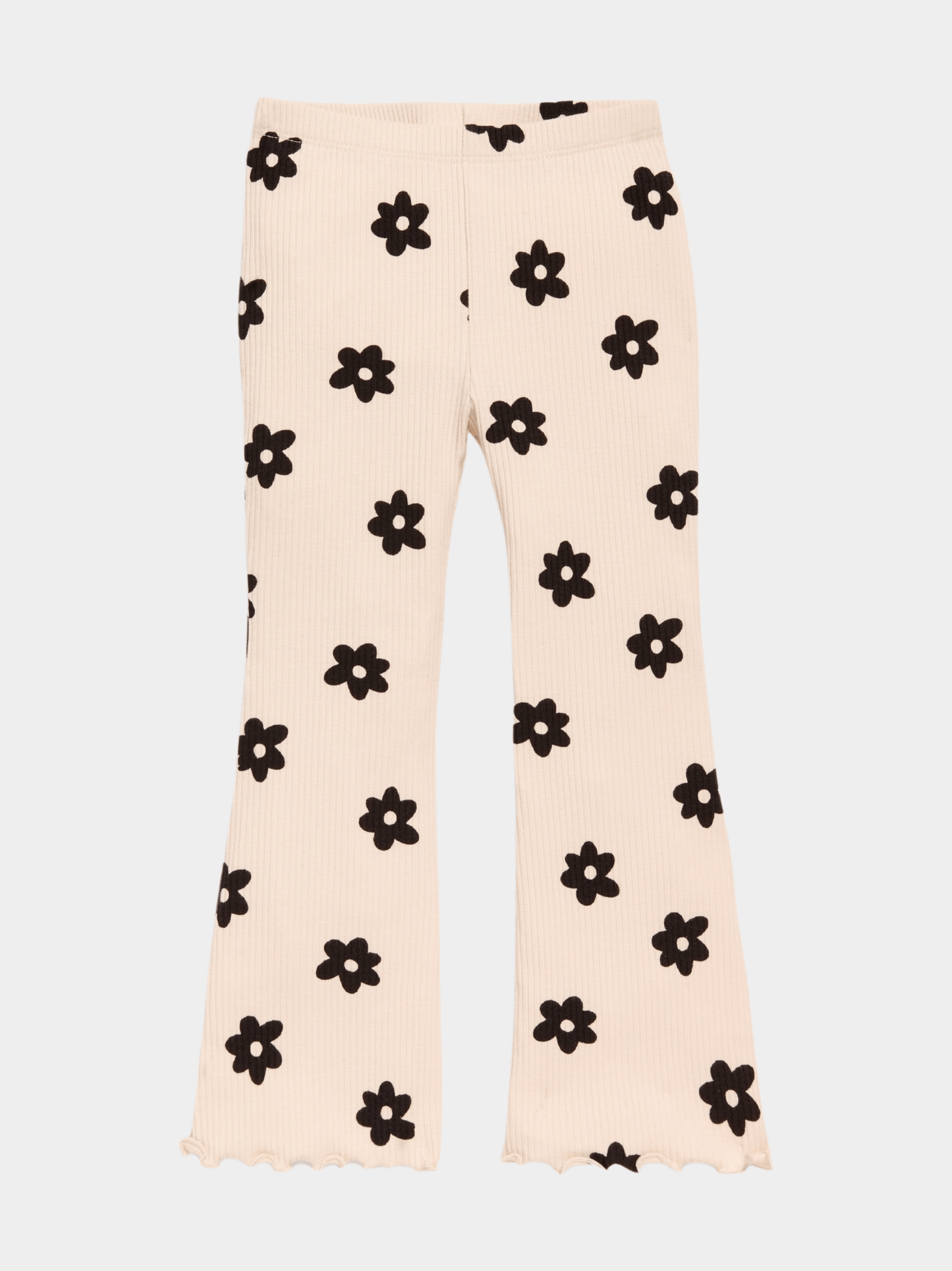 Girls' Beige & Black Daisy Ribbed Flared Pants