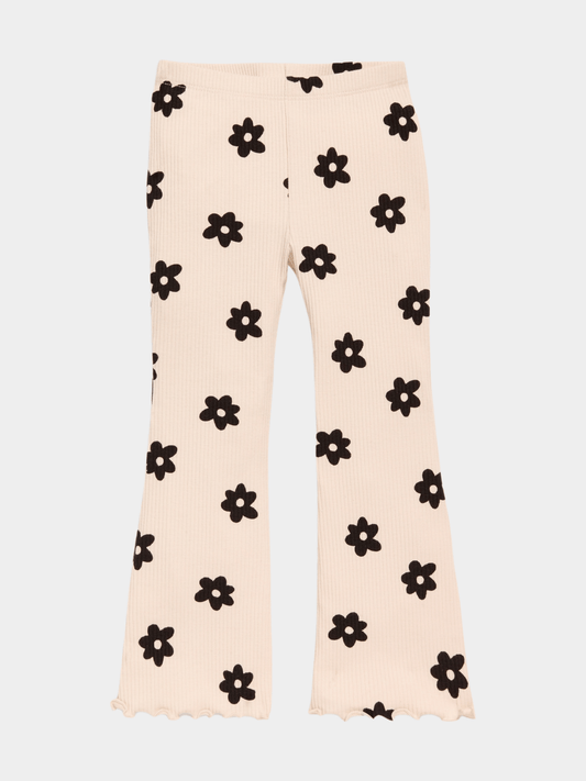 Girls' Beige & Black Daisy Ribbed Flared Pants