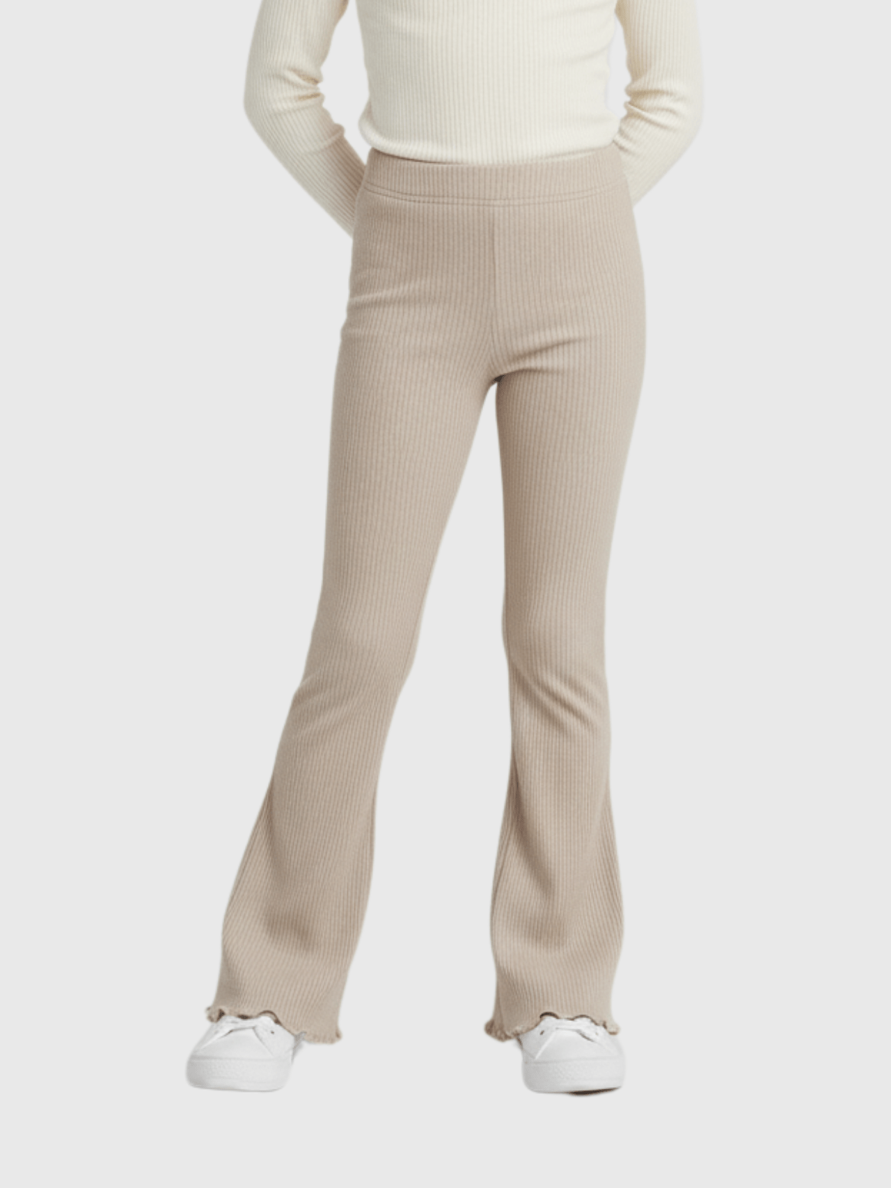 Girls Beige High - Waist Flare Pants