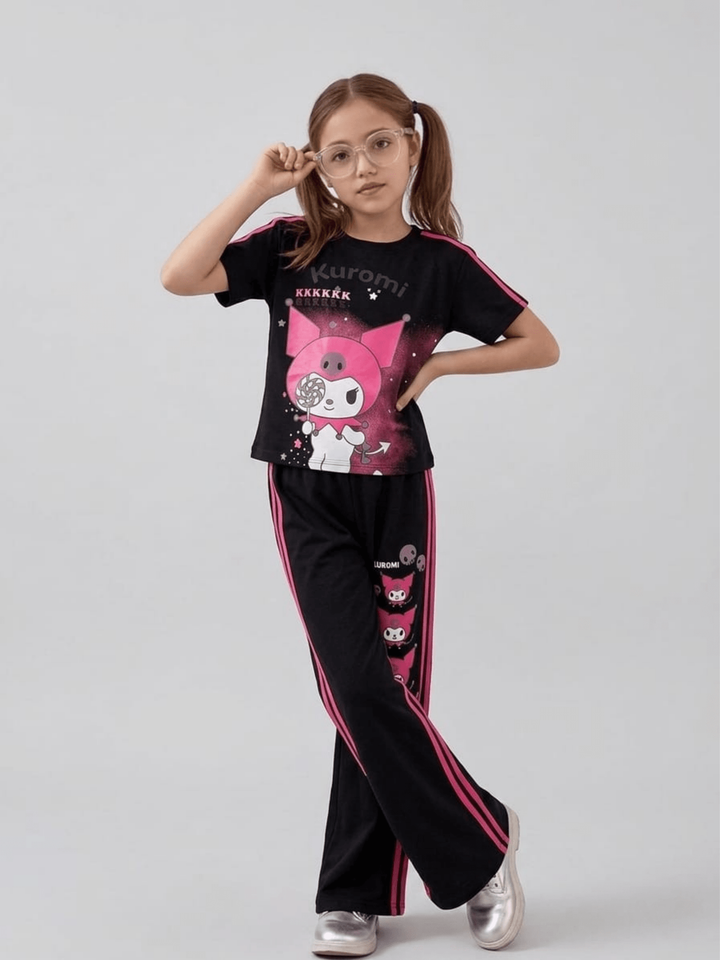 Girls Black Kuromi Exclusive T-shirt & Pants Set (4 - 12yrs)