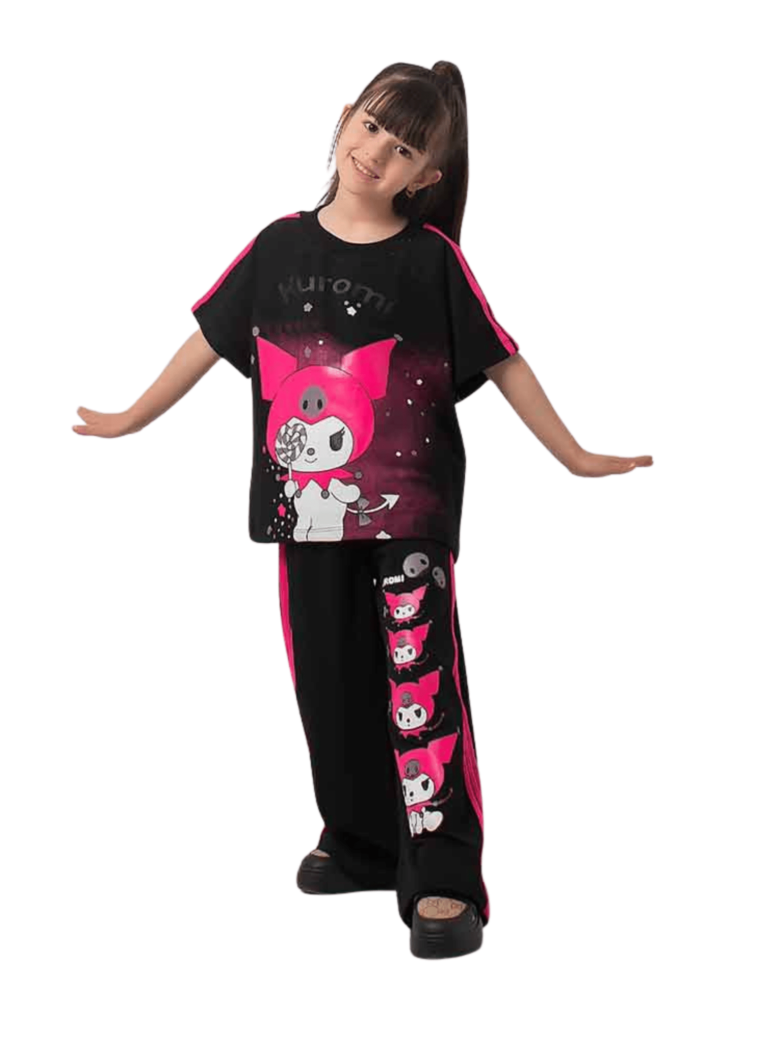 Girls Black Kuromi Exclusive T-shirt & Pants Set