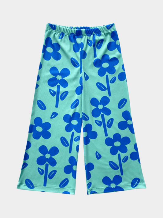 Girls' Blue Floral Print Ribbed Wide Leg Pants