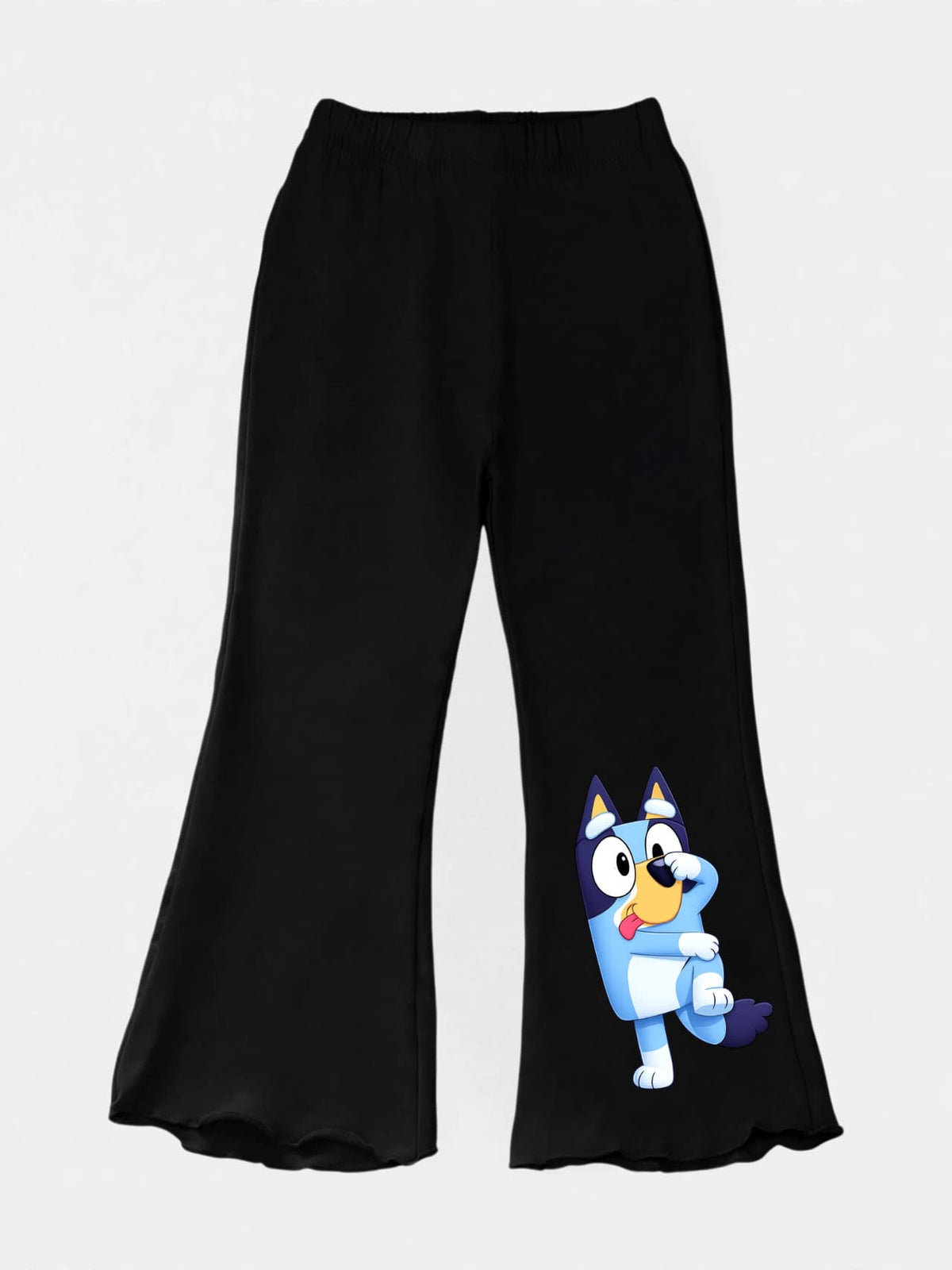 Girls black flare pants with Bluey print and lettuce hem
