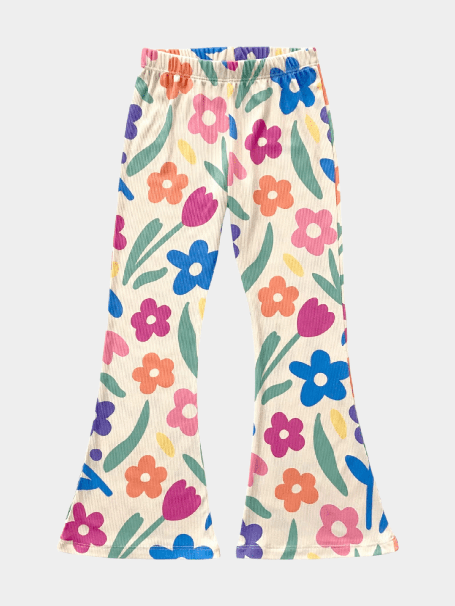 Girls' Colorful Floral Print Ribbed Flared Pants