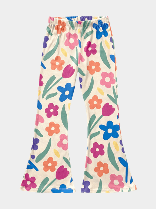Girls' Colorful Floral Print Ribbed Flared Pants