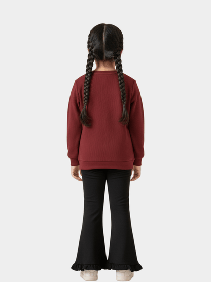 Girls' 'Desert Rose' Horse Graphic Ruffle Sweater & Black Flare Trousers Set