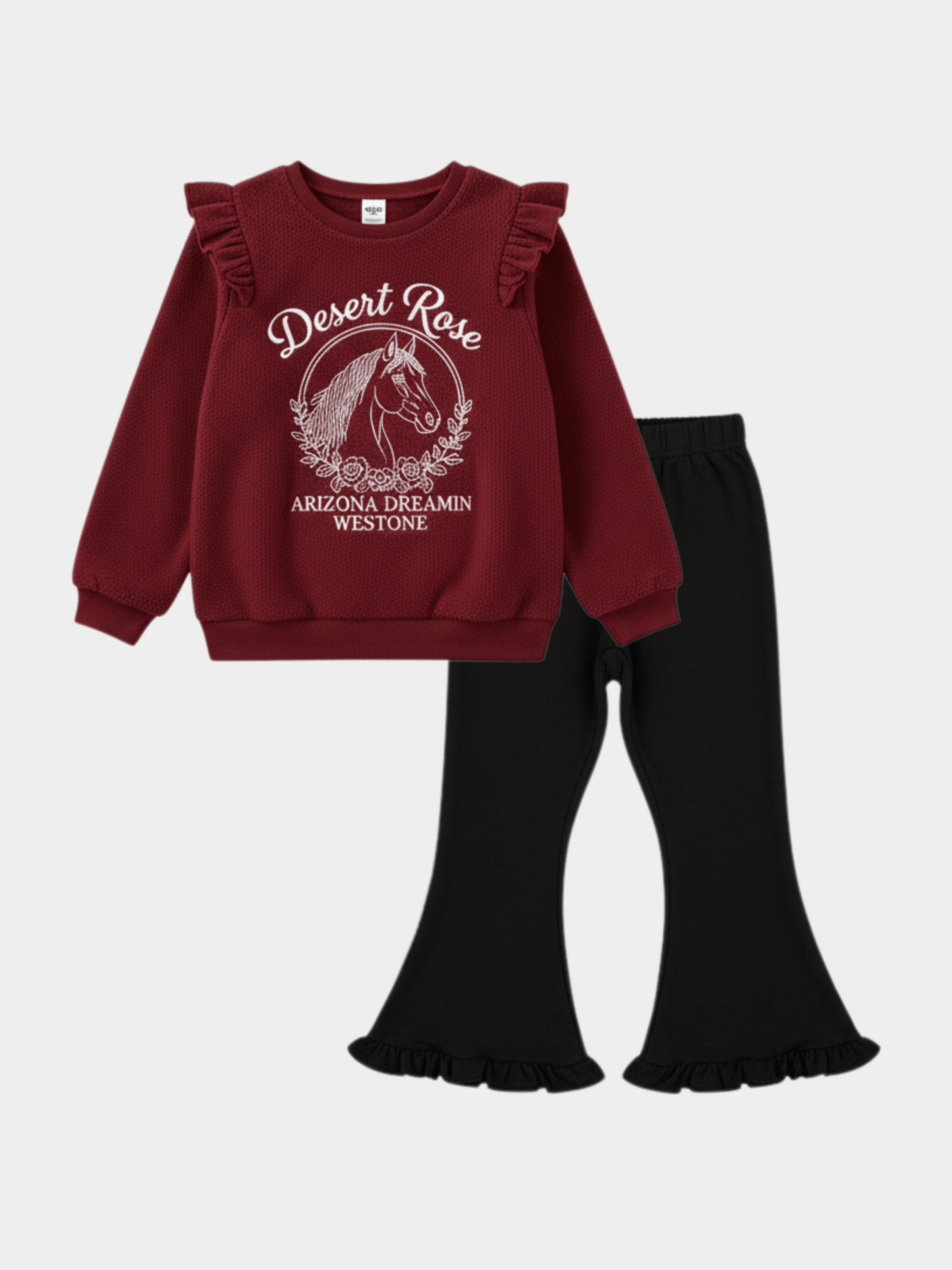 Girls' 'Desert Rose' Horse Graphic Ruffle Sweater & Black Flare Trousers Set