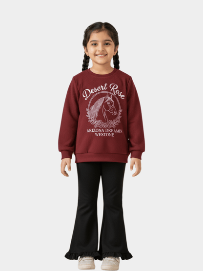 Girls' 'Desert Rose' Horse Graphic Ruffle Sweater & Black Flare Trousers Set
