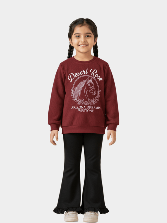 Girls' 'Desert Rose' Horse Graphic Ruffle Sweater & Black Flare Trousers Set