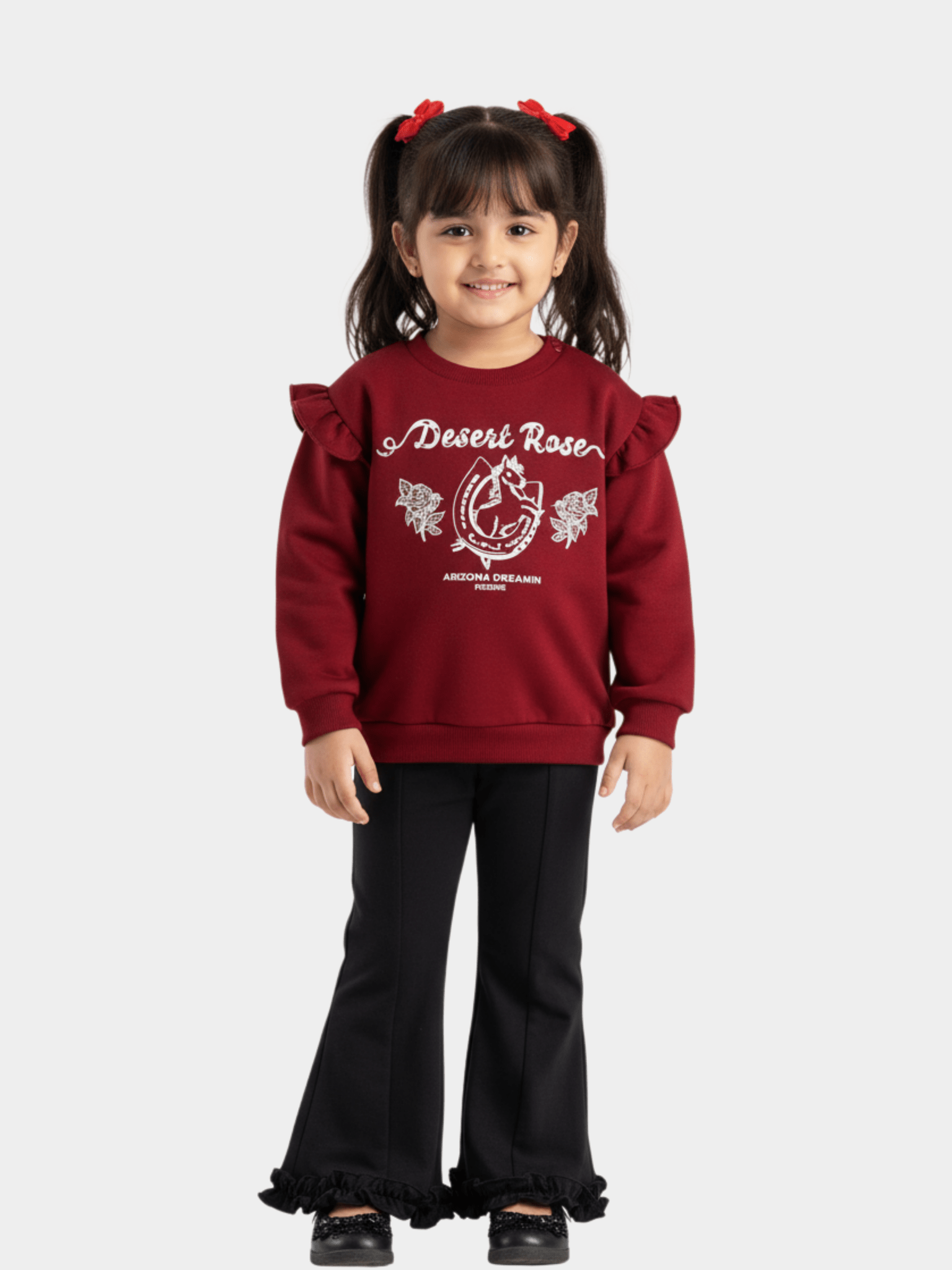 Girls' 'Desert Rose' Horse Graphic Ruffle Sweater & Black Flare Trousers Set