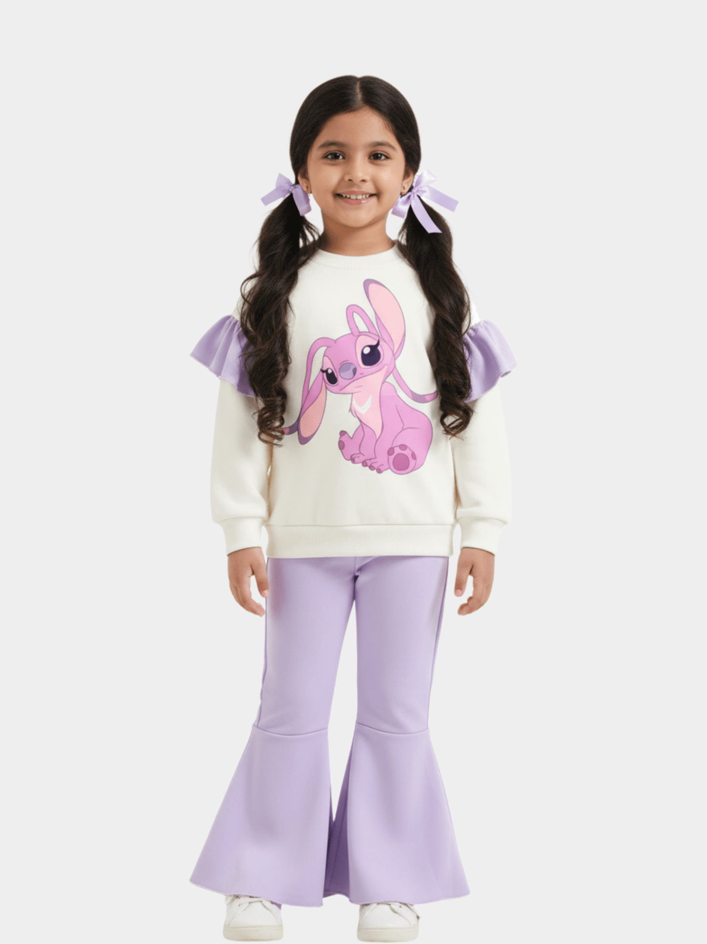 Girls' Disney Angel (Stitch) Graphic Ruffle Sweater & Lavender Flare Trousers Set
