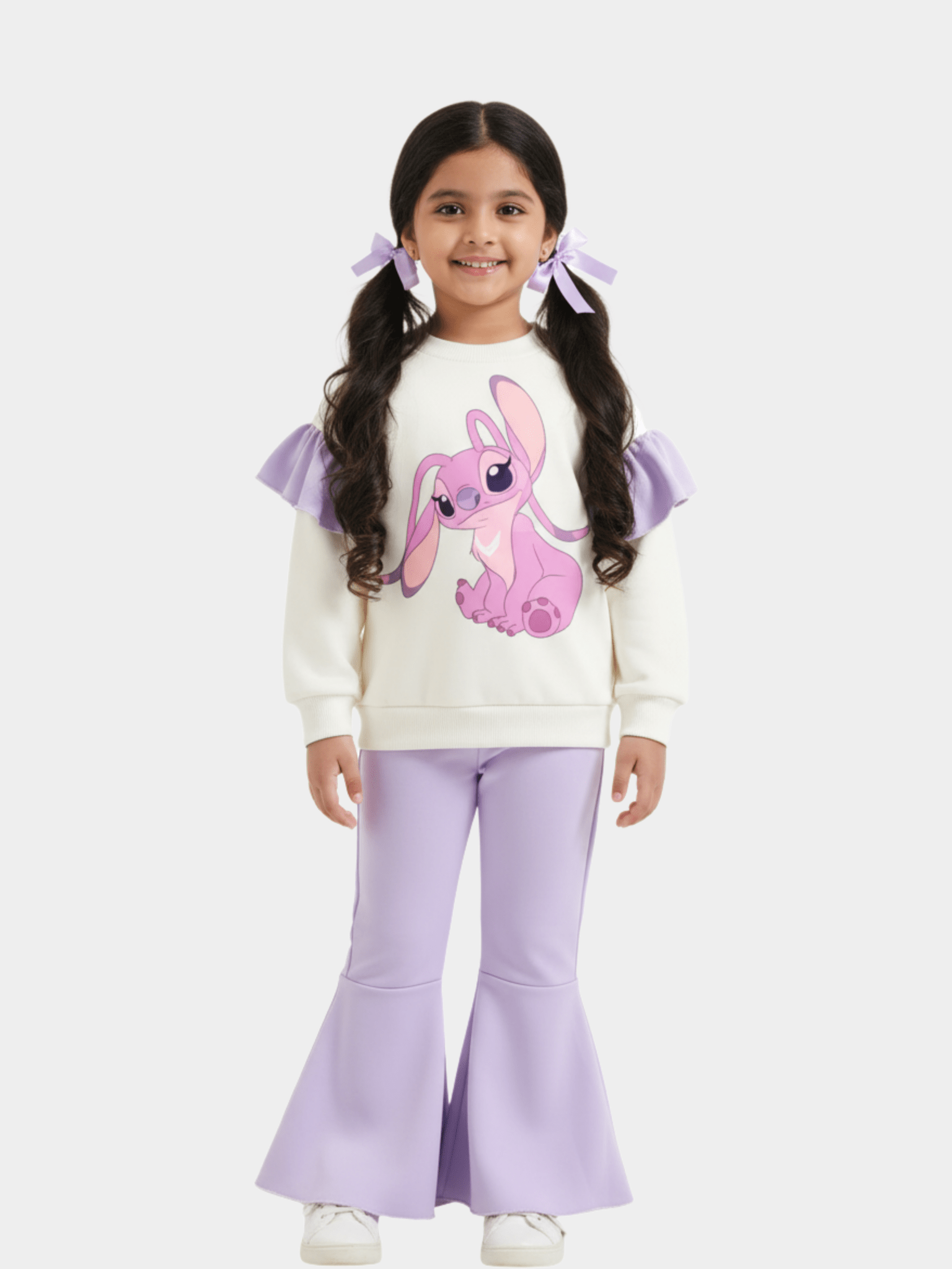 Girls' Disney Angel (Stitch) Graphic Ruffle Sweater & Lavender Flare Trousers Set
