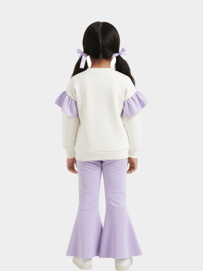 Girls' Disney Angel (Stitch) Graphic Ruffle Sweater & Lavender Flare Trousers Set
