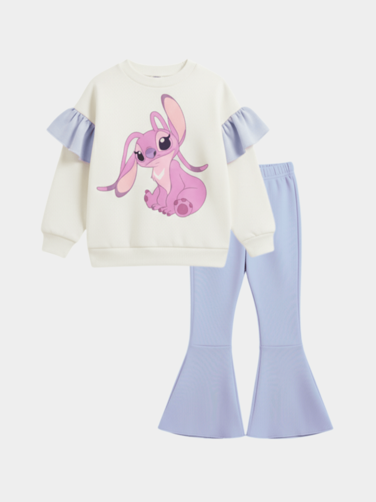 Girls' Disney Angel (Stitch) Graphic Ruffle Sweater & Lavender Flare Trousers Set