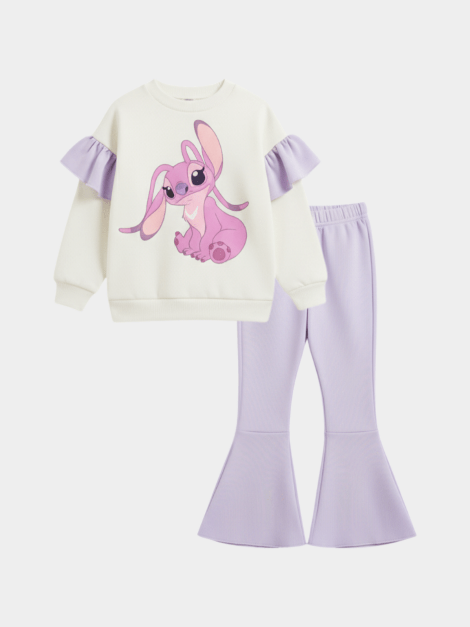 Girls' Disney Angel (Stitch) Graphic Ruffle Sweater & Lavender Flare Trousers Set