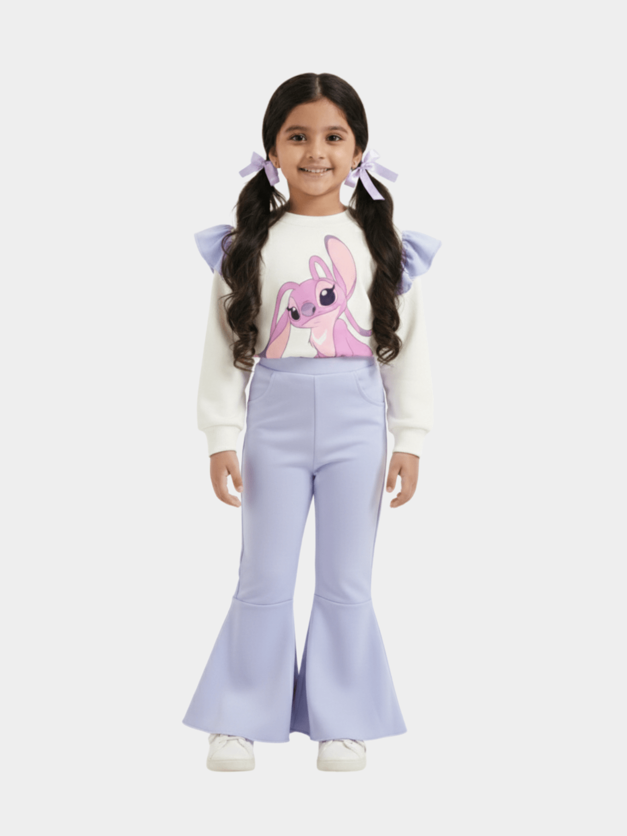 Girls' Disney Angel (Stitch) Graphic Ruffle Sweater & Lavender Flare Trousers Set