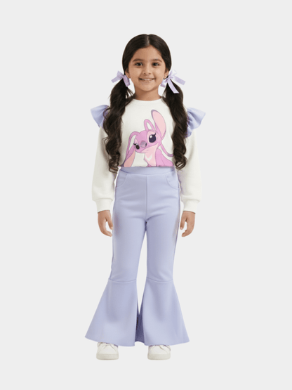 Girls' Disney Angel (Stitch) Graphic Ruffle Sweater & Lavender Flare Trousers Set