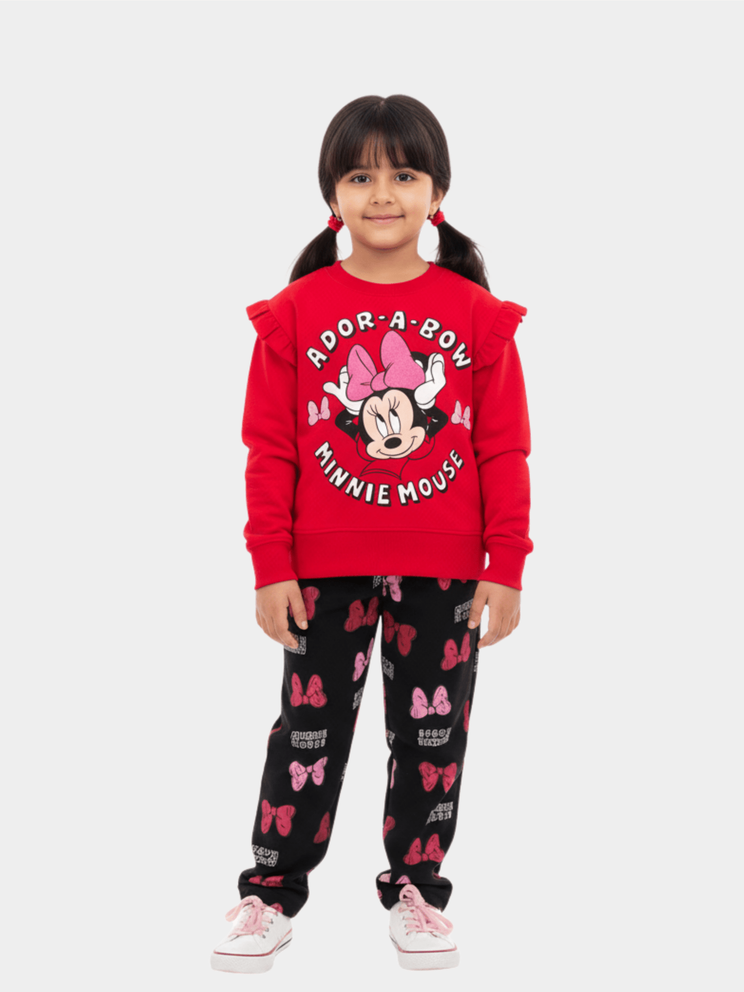 Girls' Disney Minnie Mouse 'Ador - A - Bow' Red Ruffle Sweatshirt & Bow Print Joggers Set