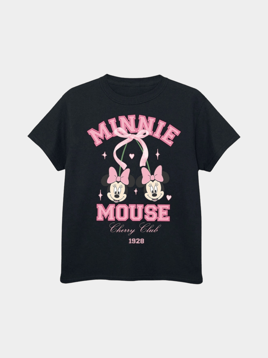 Girls' Disney Minnie Mouse "Cherry Club" Graphic T-Shirt | Pink & Black Retro Tee