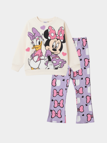 Girls' Disney Minnie Mouse & Daisy Duck Graphic Sweatshirt & Bow Print Ribbed Trousers Set