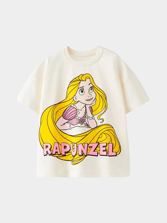 Girls' Disney Rapunzel Long Hair Graphic T-Shirt | Cream Oversized Tangled Tee