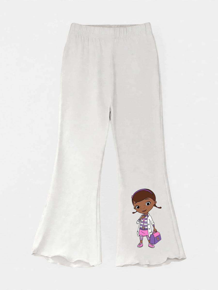 Girls white flare pants with Doc McStuffins print and lettuce hem