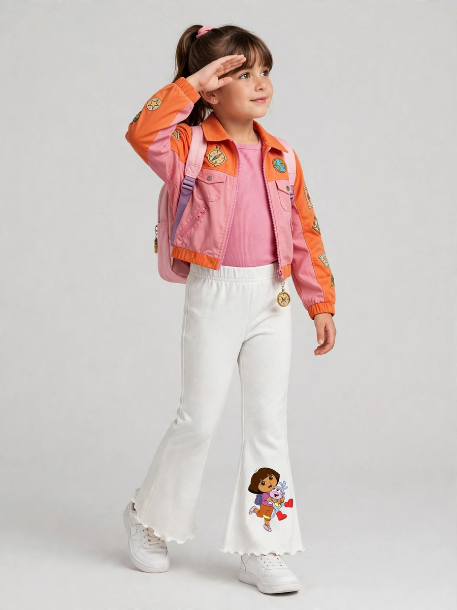 Girls Dora and Boots Print Flare Pants - White