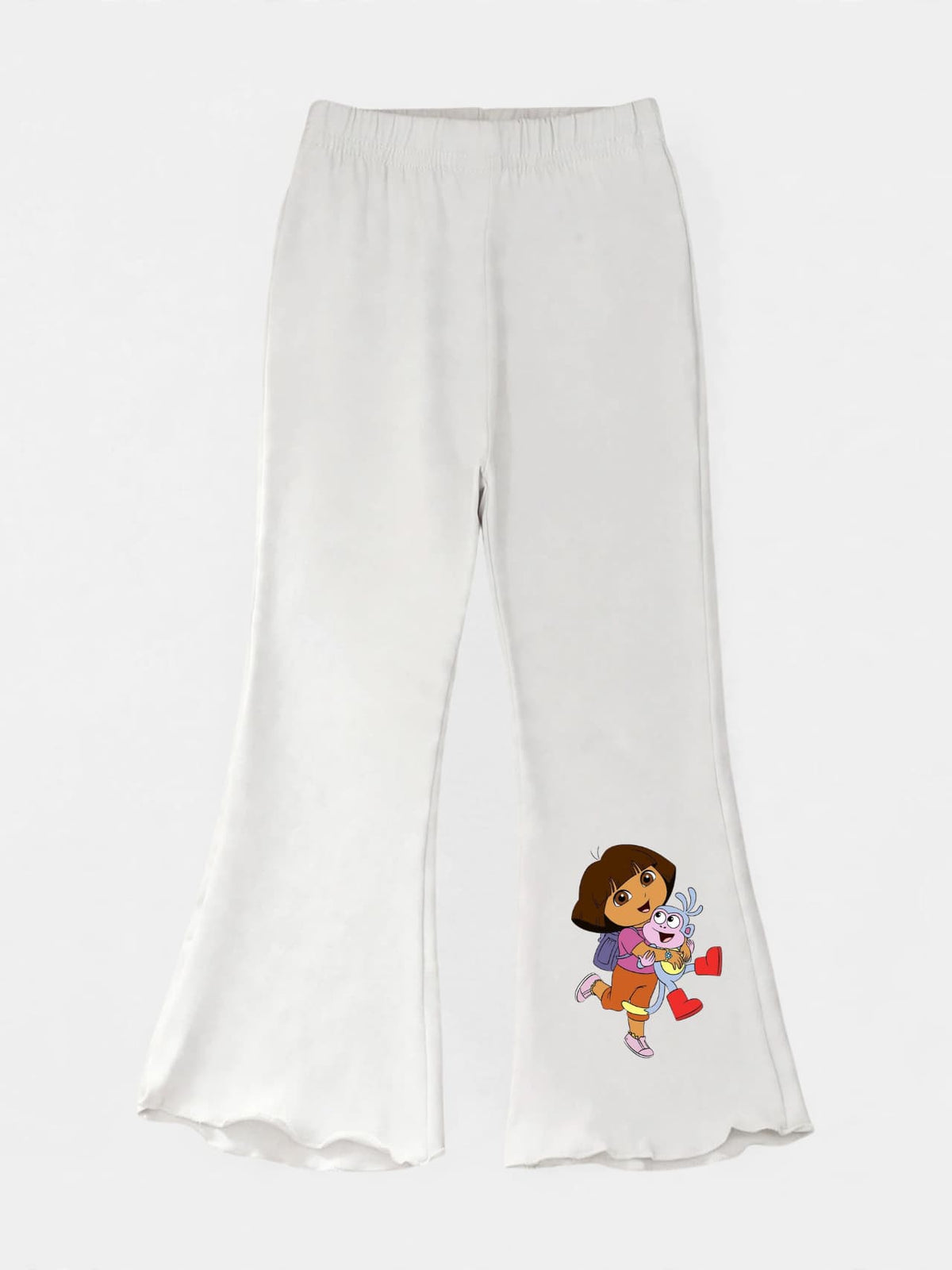 Girls white flare pants with Dora and Boots print and lettuce hem