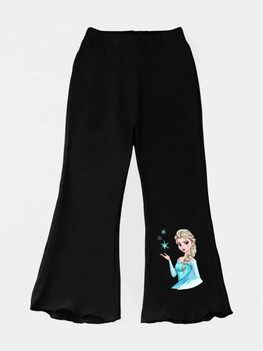 Girls black flare pants with Elsa Frozen print and lettuce hem