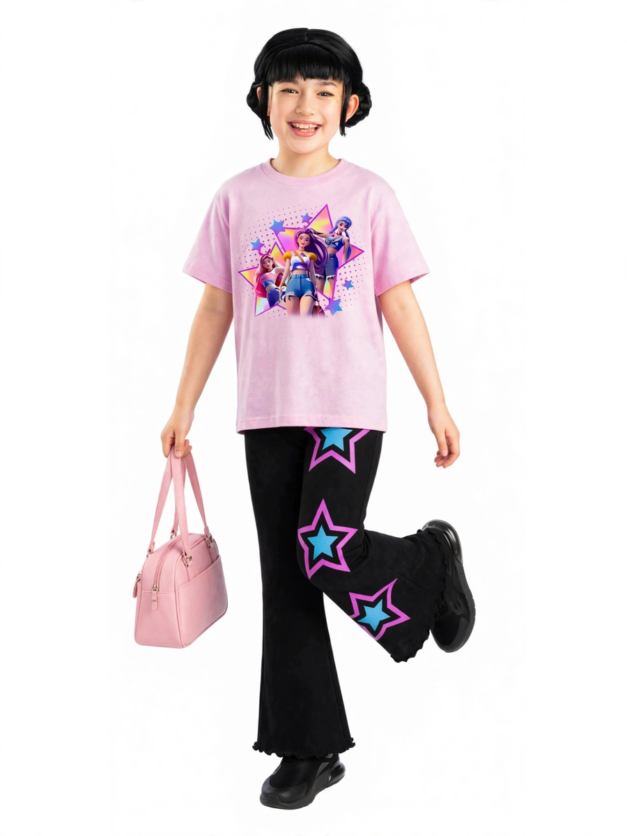 Girls K-pop T-shirt & Flare Pant Set - Pink & Black (4-12yrs)