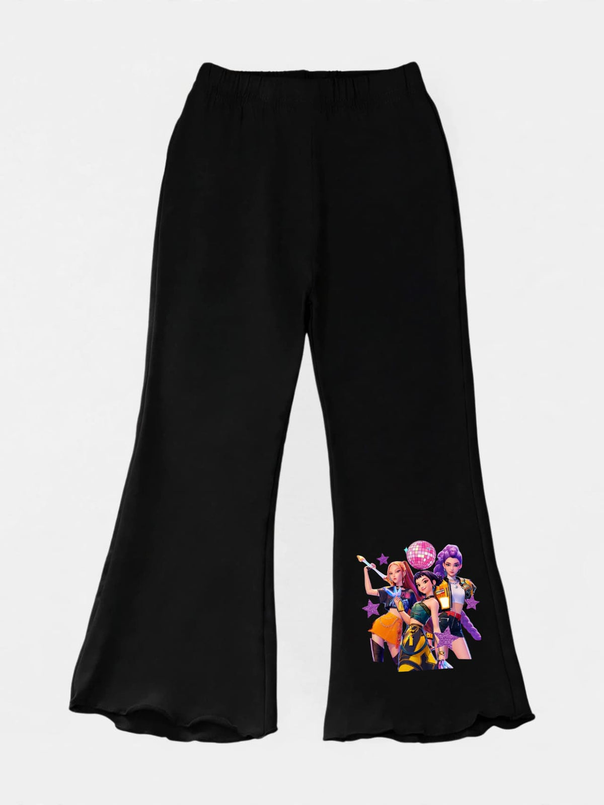 Girls black flare pants with KPop Demon Hunters Huntrix print and lettuce hem