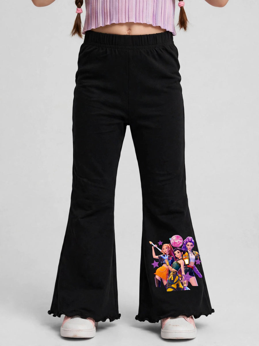 Girls KPop Demon Hunters Print Flare Pants - Black