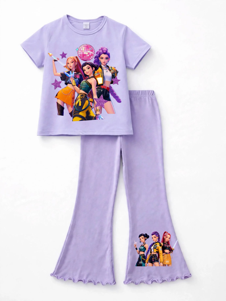 Girls KPop Demon Hunters T-shirt & Flare Pant Set - Lavender (4-12yrs)