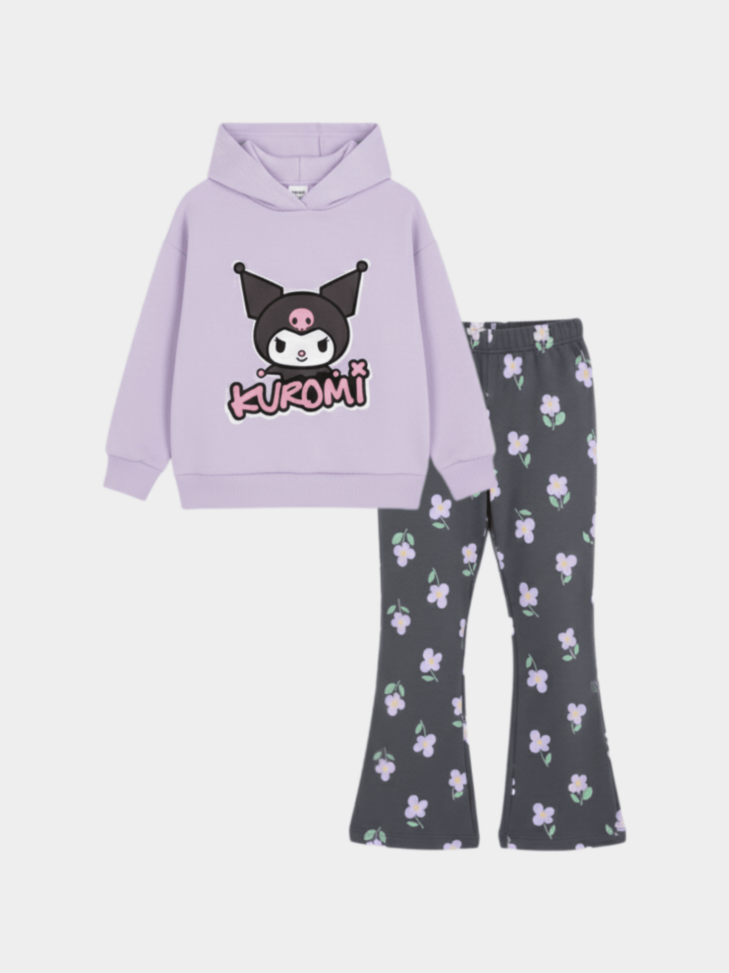 Girls' Kuromi Lavender Hoodie & Floral Print Flare Trousers 2 - Piece Set