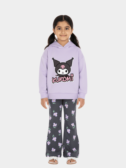Girls' Kuromi Lavender Hoodie & Floral Print Flare Trousers 2 - Piece Set