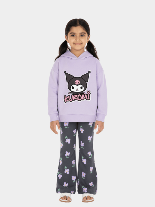 Girls' Kuromi Lavender Hoodie & Floral Print Flare Trousers 2 - Piece Set