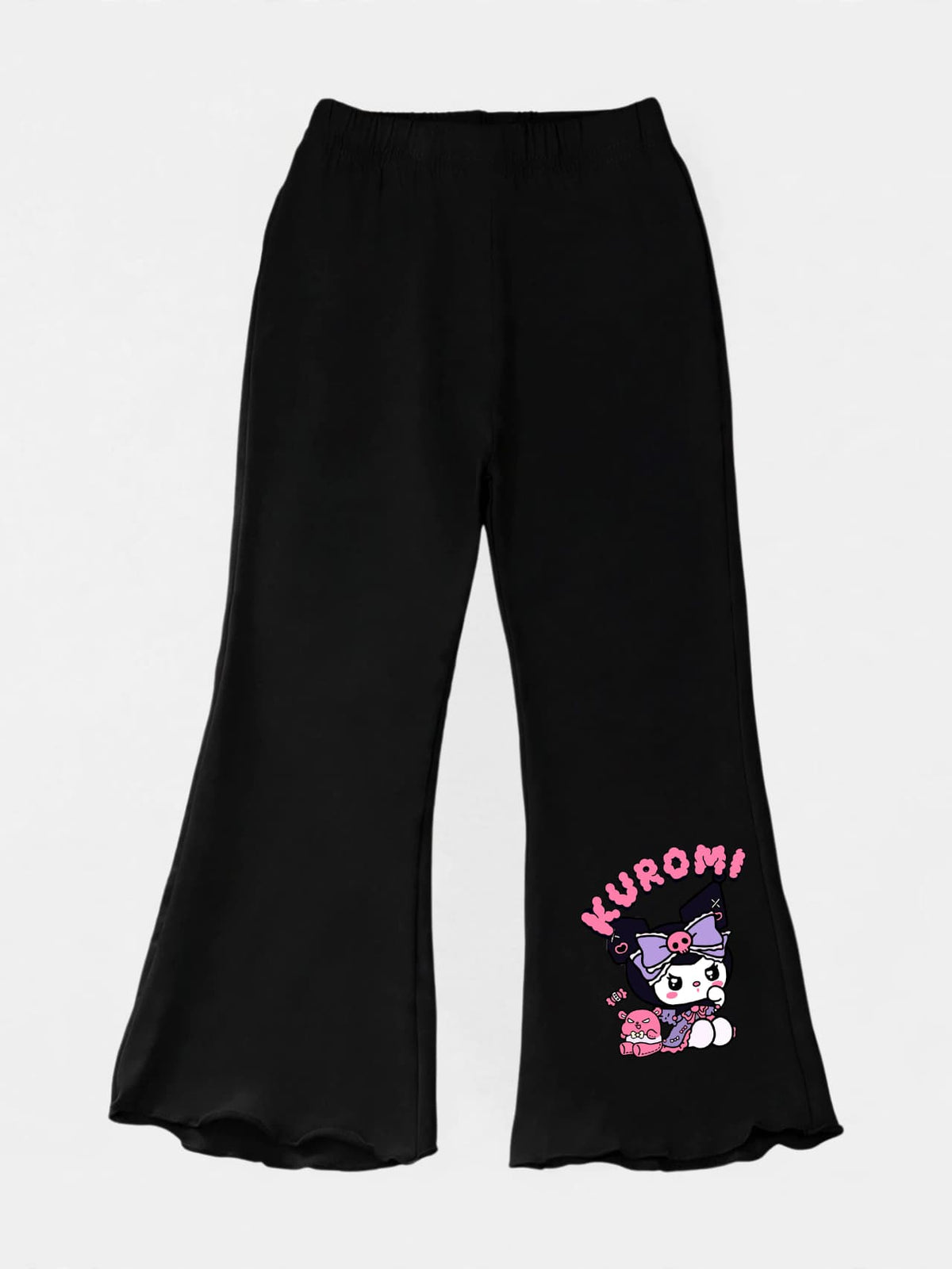 Girls black flare pants with Kuromi print and lettuce hem