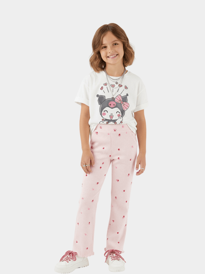 Girls' Kuromi Print T-Shirt & Burgundy Ribbed Flare Pants Set