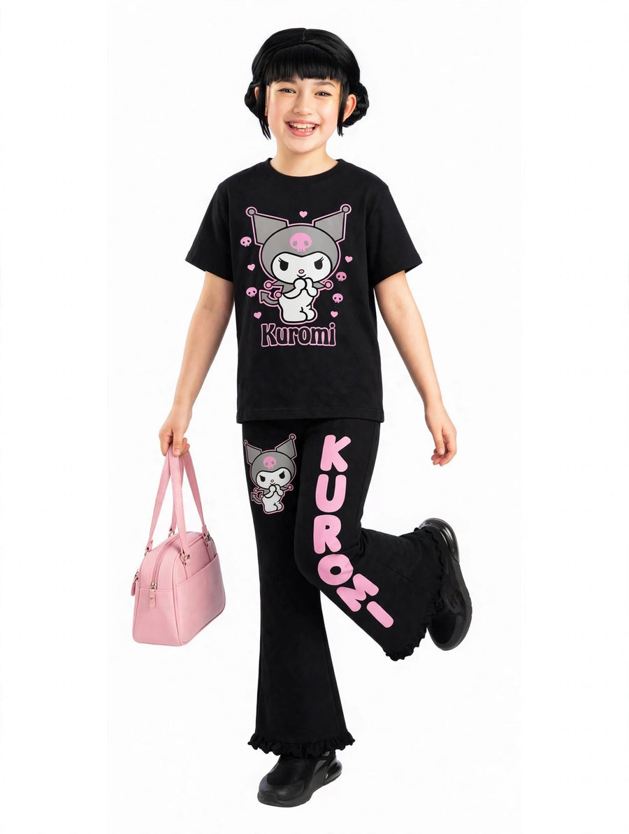Girls Kuromi T-shirt & Flare Pant Set - Black (4-12yrs)